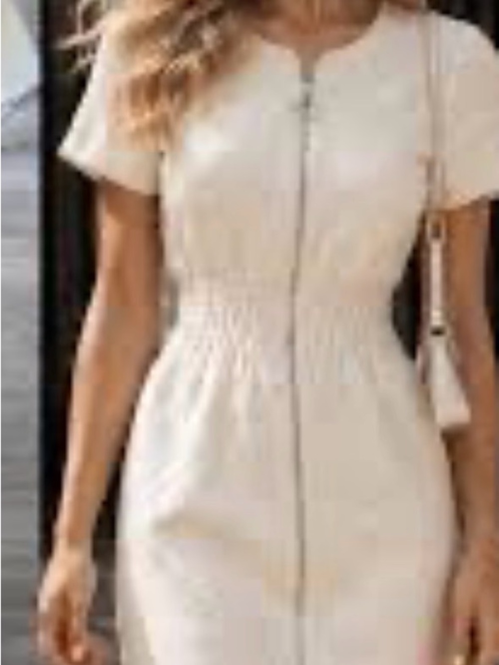Cream Short Sleeve Zip-Front Smocked Waist Dress